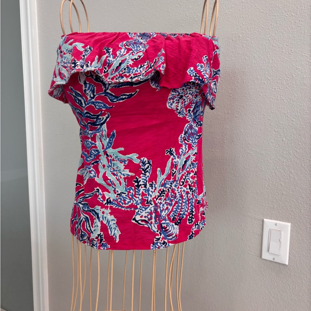 Lilly Pulitzer Size SMALL Tube Top Wiley Pink Ruffle Capris Samba Print